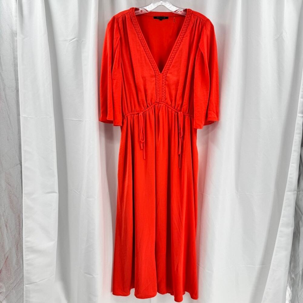 Kobi Halperin Satin Midi Dress Sz L Flutter Sleeves Orange Braided V-Neckline